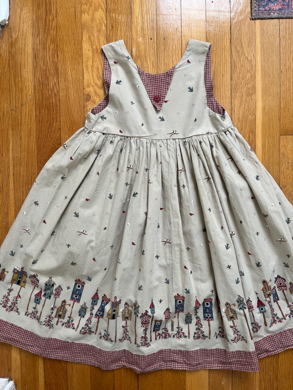 Girls Handmade Cotton Vintage 90s Bird & Birdhouse Country Jumper Dress - Picture 9 of 14